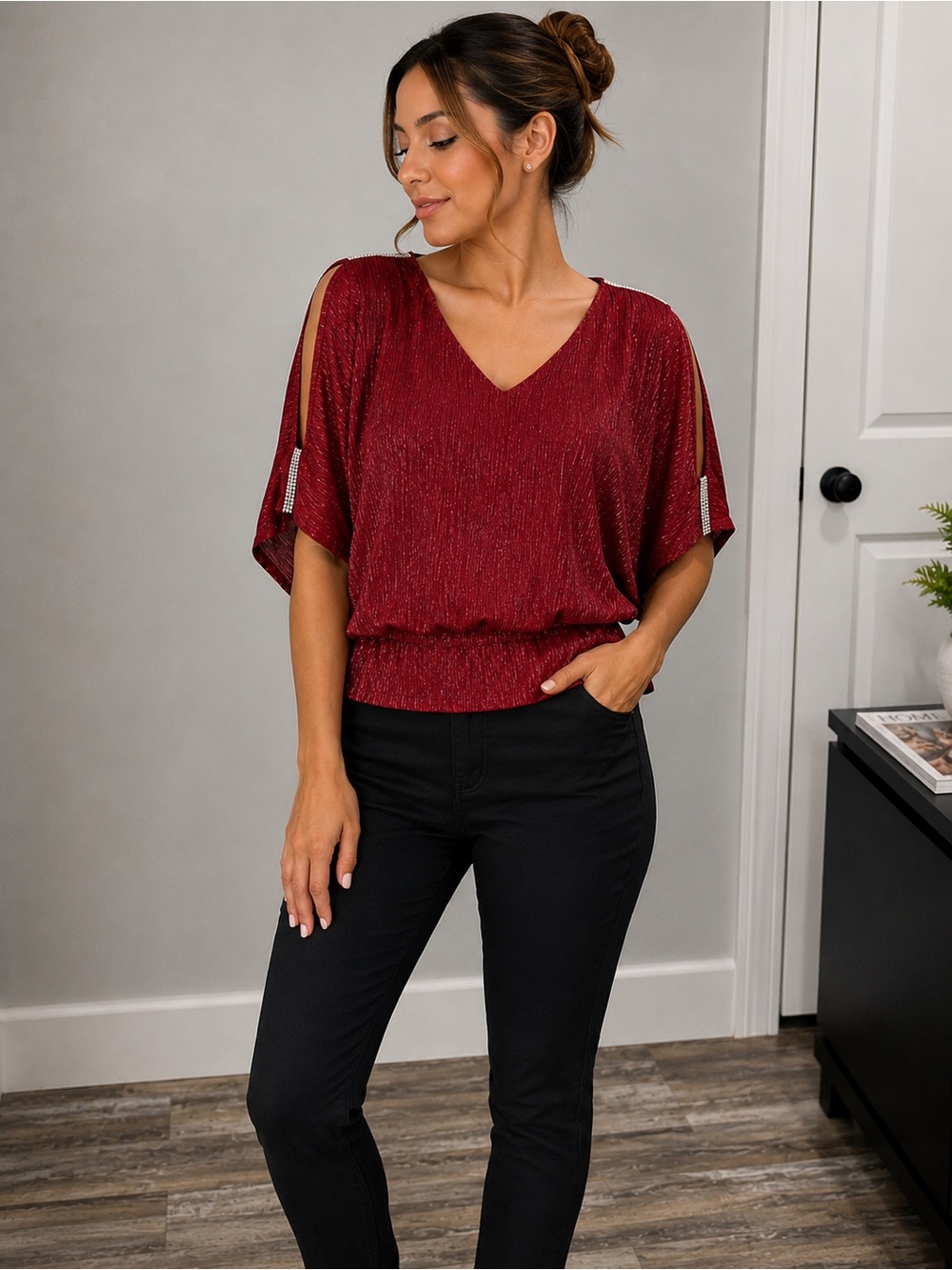 🩷. 9096. Women’s V-Neck Split Sleeve Blouson Top in Burgundy